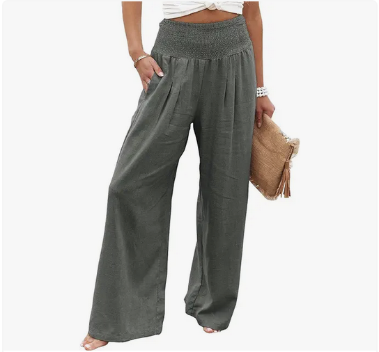 Vansha Women Summer High Waisted Cotton Linen Palazzo Pants Wide Leg Long Lounge Pant Trousers with Pocket