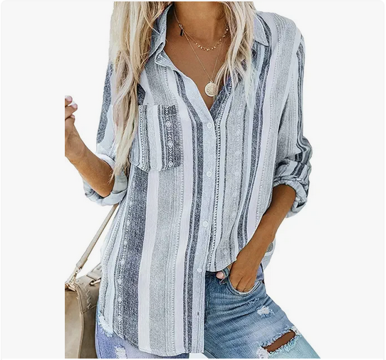 Astylish Womens V Neck Striped Roll up Sleeve Button Down Blouses Top