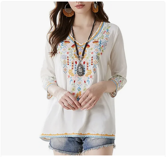Traditional Mexican Shirts for Women V Neck Peasant Tunic Blouses