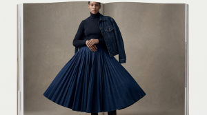 Fall 2026 statement silhouette trend: pleated indigo midi skirt with luxe denim jacket
